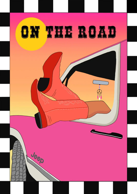 Illustration colorée rétro On the road Emily in home